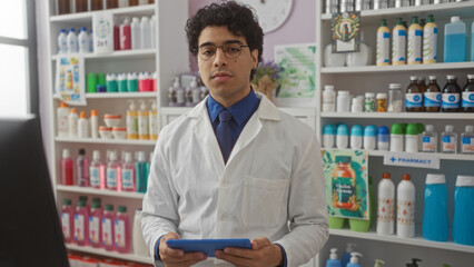 Young hispanic man in a white coat, holding a tablet in an indoor pharmacy setting with shelves of medical products and supplies.