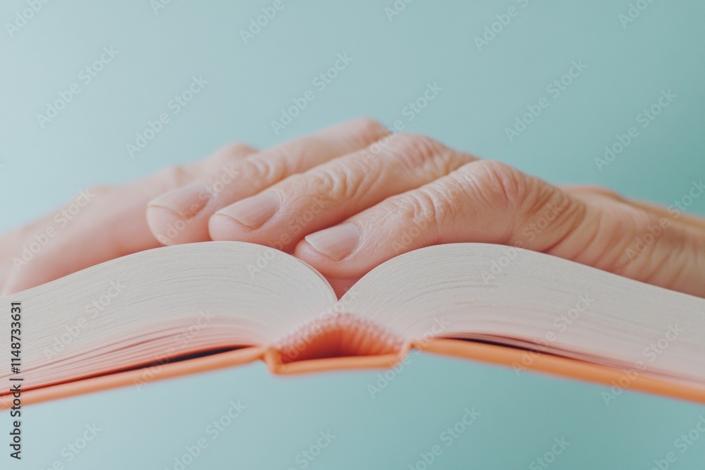 Poster Close-Up of Hands Holding an Open Book with Focus on Pages in Minimalist Style