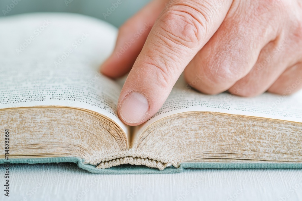 Aufkleber close-up of hand on open book pages highlighting interaction with text