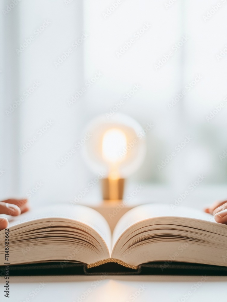 Poster warm toned close-up of hands on open book under soft lamp light