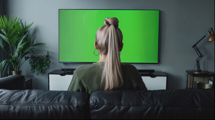 woman sitting on a sofa green screen studio background