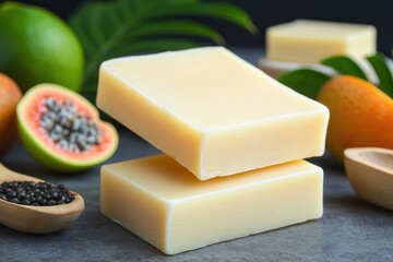Shea butter creates natural soap. Natural soap with fruits and leaves in a clean, aesthetic setting.