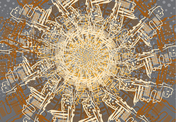 Textural background with linear ornamental motifs and dots for interiors or fabrics. Architectural idea or concept of communication - abstract buildings in the form of a circle. Vector tile or poster