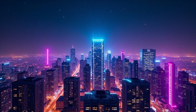 Nighttime cityscape illuminated by neon lights with skyscrapers and starry sky