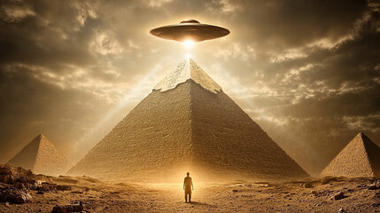 UFO hovers above ancient pyramids in a vast desert landscape glowing with otherworldly magic light evoking themes of mystery wonder and the interplay between ancient civilizations and extraterrestrial