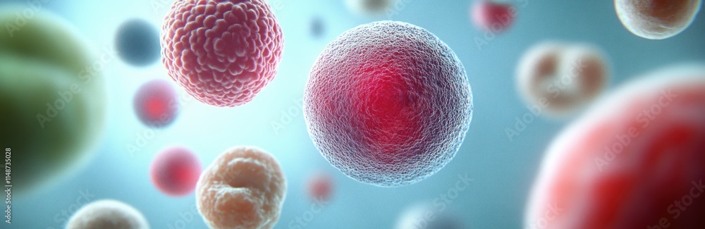 Poster microscopic view of colorful cells floating in a liquid.