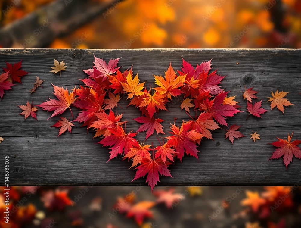 Poster wooden bench with a heart-shaped arrangement of autumn leaves in various shades of red and orange. t