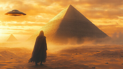 UFO hovers above ancient pyramids in a vast desert landscape glowing with otherworldly magic light evoking themes of mystery wonder and the interplay between ancient civilizations and extraterrestrial