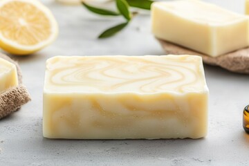 Shea butter creates natural soap. Handcrafted lemon soap with a smooth, creamy texture.