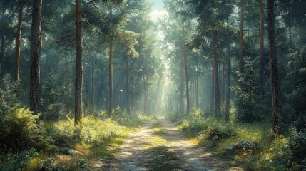 Fototapeta premium Sunlit path through a misty pine forest.