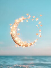 Enchanting Crescent Moon with Heart-Shaped Lights Over Tranquil Sea at Dusk