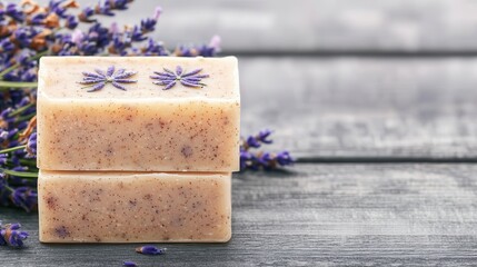 Shea butter creates natural soap. Lavender soap bars with flowers on rustic wooden background.
