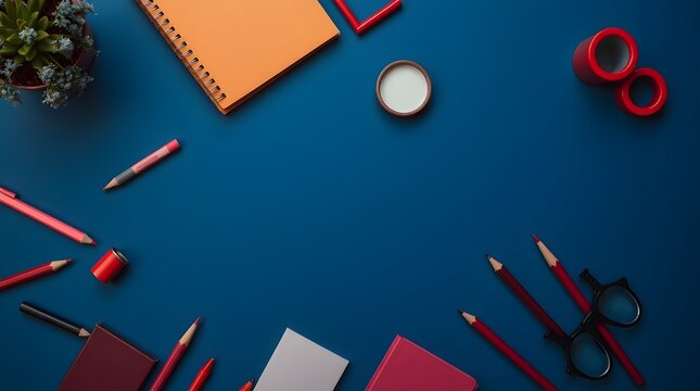  bird's-eye view stock photo School supplies on a solid background with a distinct split. Thick foggy surroundings, low visibility, bold areas divided sections. 