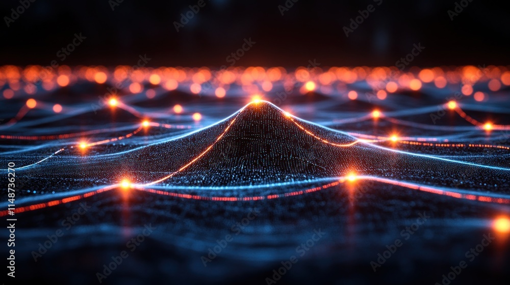 Poster glowing particle landscape with network connections.