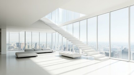 Obraz premium Modern minimalist interior with large windows and a staircase overlooking a cityscape.