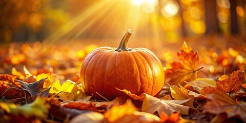 Autumnal Pumpkin Patch: Orange Pumpkin nestled amongst vibrant Fall Leaves