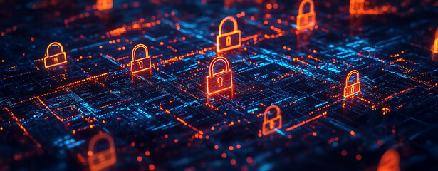 Abstract digital representation of cybersecurity with glowing orange padlocks on a futuristic data grid background, emphasizing protection and security technology