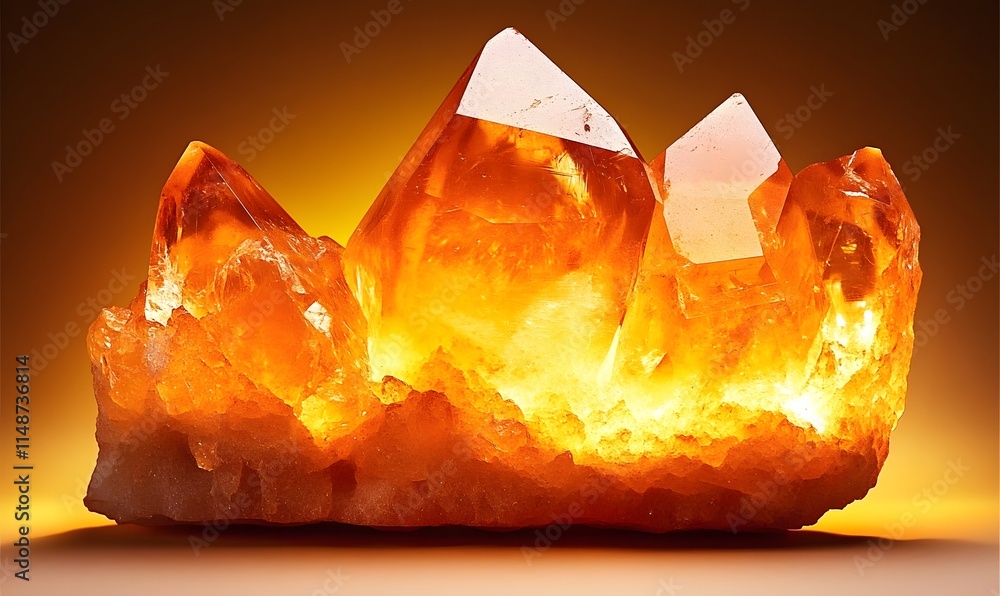 Poster glowing orange crystal cluster with sharp points against a warm background.