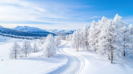 Snow-covered winding road through frosty trees and mountains.