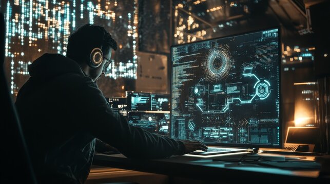 Digital technology, software development concept. Coding programmer, software engineer working on laptop with circuit board and javascript on virtual screen, internet of things IoT