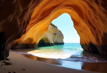 Algarve, Lagoa, Iberian Peninsula, Portugal: Sandstone rock formations at Benaglil Cave—the inside of a sea cave along the Algarve's ocean coast with sunlight shining through an aperture