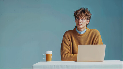man with laptop green screen studio background