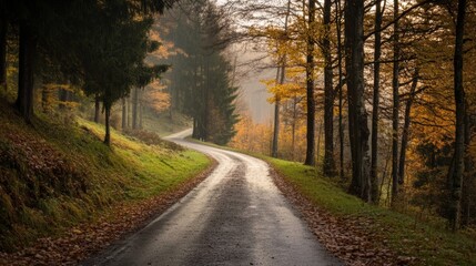 Obraz premium Meandering road through a dense, enchanting forest in autumn with sunlight filtering through the trees