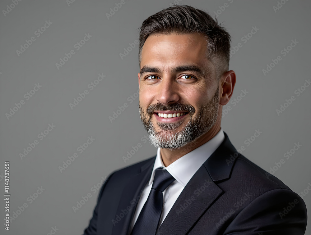 Poster The image features a man in a suit and tie, smiling and posing against a gray background.