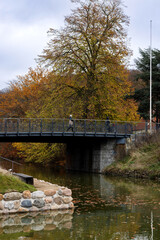 Pedestrian bridge over the canal. Autumn leaves on the water