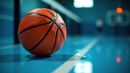 Fototapeta premium Vibrant Orange Basketball on Shiny Surface - Blue Light Sports Theme