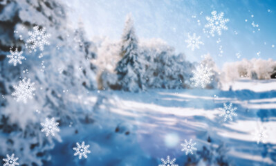 A dreamy winter scene with blurred snowy trees in the background and falling snowflakes in the foreground. A serene, frosty atmosphere under a bright blue sky.