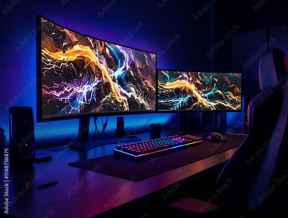 Poster gaming setup with a curved monitor and a second monitor placed side by side on a desk. The setup includes a gaming chair, a keyboard, and a mouse, with a vibrant display of digital art on the monitors