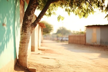 Peaceful Indian Village Scene with Soft Pastel Tones and Sunlit Pathway