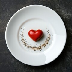 A heart shaped dessert sits on a white plate. The dessert is surrounded by a sprinkling of seeds, giving it a festive and celebratory appearance. The plate is placed on a dark surface