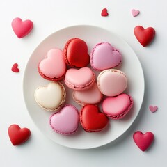 Fototapeta premium A plate of heart-shaped pastries with pink and white filling. The plate is surrounded by red hearts, creating a romantic and festive atmosphere
