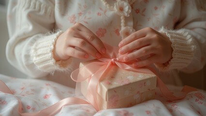 Woman holding pink gift box with ribbon.