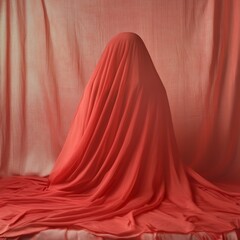 Mysterious figure in soft red fabric drapery.
