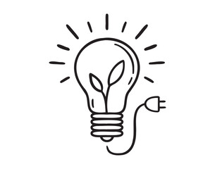 Bulb energy plant doodle hand drawn icon. Outline drawing Green energy ecology sustainability line clipart symbol