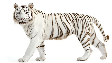 Fototapeta premium Majestic white tiger walking, isolated on white background.