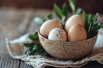 Close up of a bowl of quail eggs on a rustic napkin with boxwood against a wooden backdrop