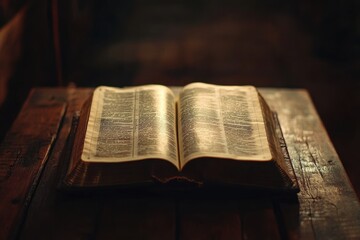 Fototapeta premium Close up of a Bible on a wooden surface symbolizing Christianity