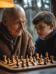 Grandfather and grandson enjoying a chess game indoors