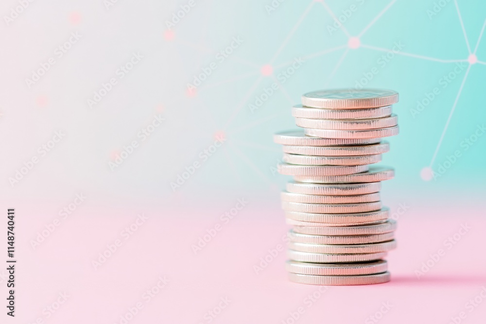 Poster pastel coin stack with abstract financial graphs conceptual finance background