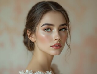 woman with her hair styled in an elegant updo, adorned with small white flowers. She is wearing a delicate, floral-patterned top.