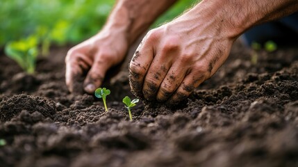 Hands Planting Seedlings in Rich Soil During Springtime Gardening