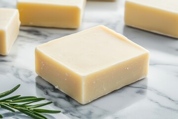 Shea butter creates natural soap. Natural soap bar on marble surface with greenery accent.