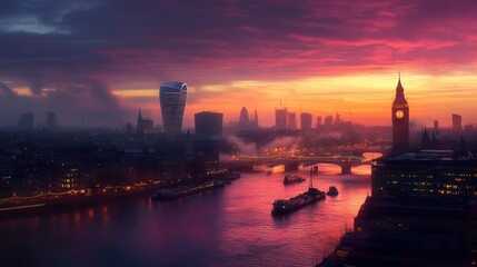 Fototapeta premium Sunset Over London Skyline with River Thames and Cityscape View