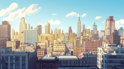 Obraz premium Vibrant City Skyline at Sunset with Colorful Buildings and Cloudy Sky