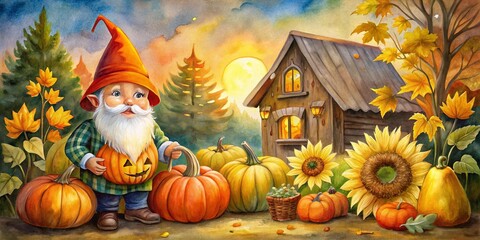Obraz premium Autumn Gnome with Pumpkin & Sunflowers by Rustic Pumpkin House - Thanksgiving Harvest Watercolor