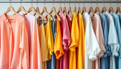Fototapeta premium Colorful Women's Clothing Assortment Tops and Dresses on Rack
